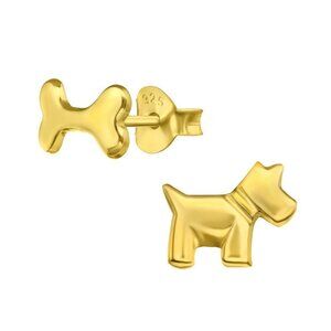 14k Gold Dog and Bone Mismatched Tiny Stud Earrings